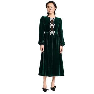 NWT Saloni Green Velvet Camille Crystal Pearl Bow Long Sleeve Midi Dress size 4